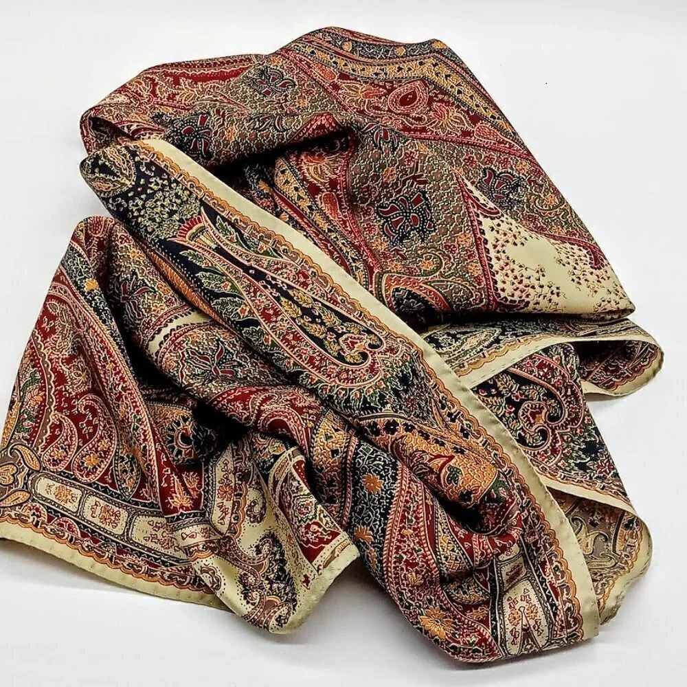 Gold Green Orange Red Paisley Oblong Silk Scarf